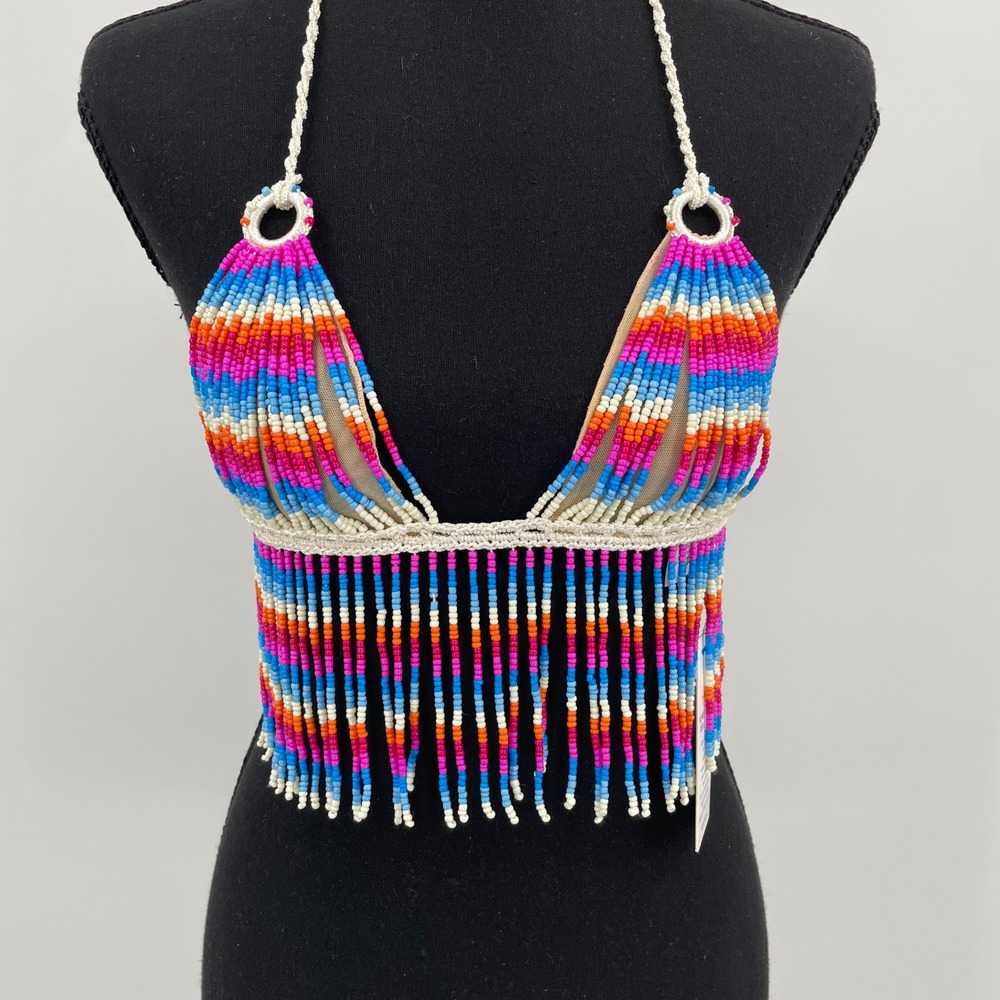 My Beachy Side Sorbet Hand Beaded Top Womens S Multi Boho Beaded Fringe Festival